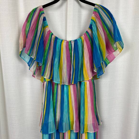 Lulus Rainbow Stripe Gala Ready Off The Shoulder Ruffle Midi Dress Sz.L - Picture 11 of 14